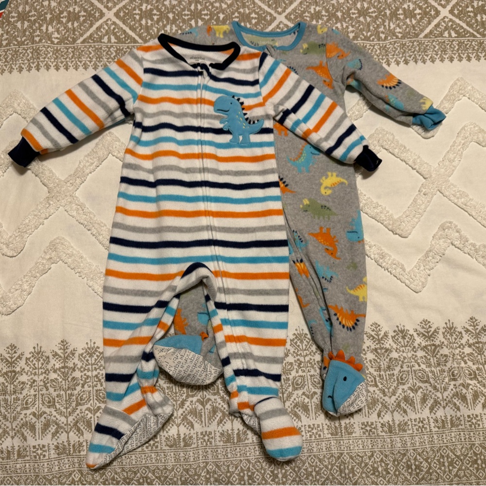 Set of Two Absorba Multicolor Striped and Dinosaur Fleece Footies 12 months